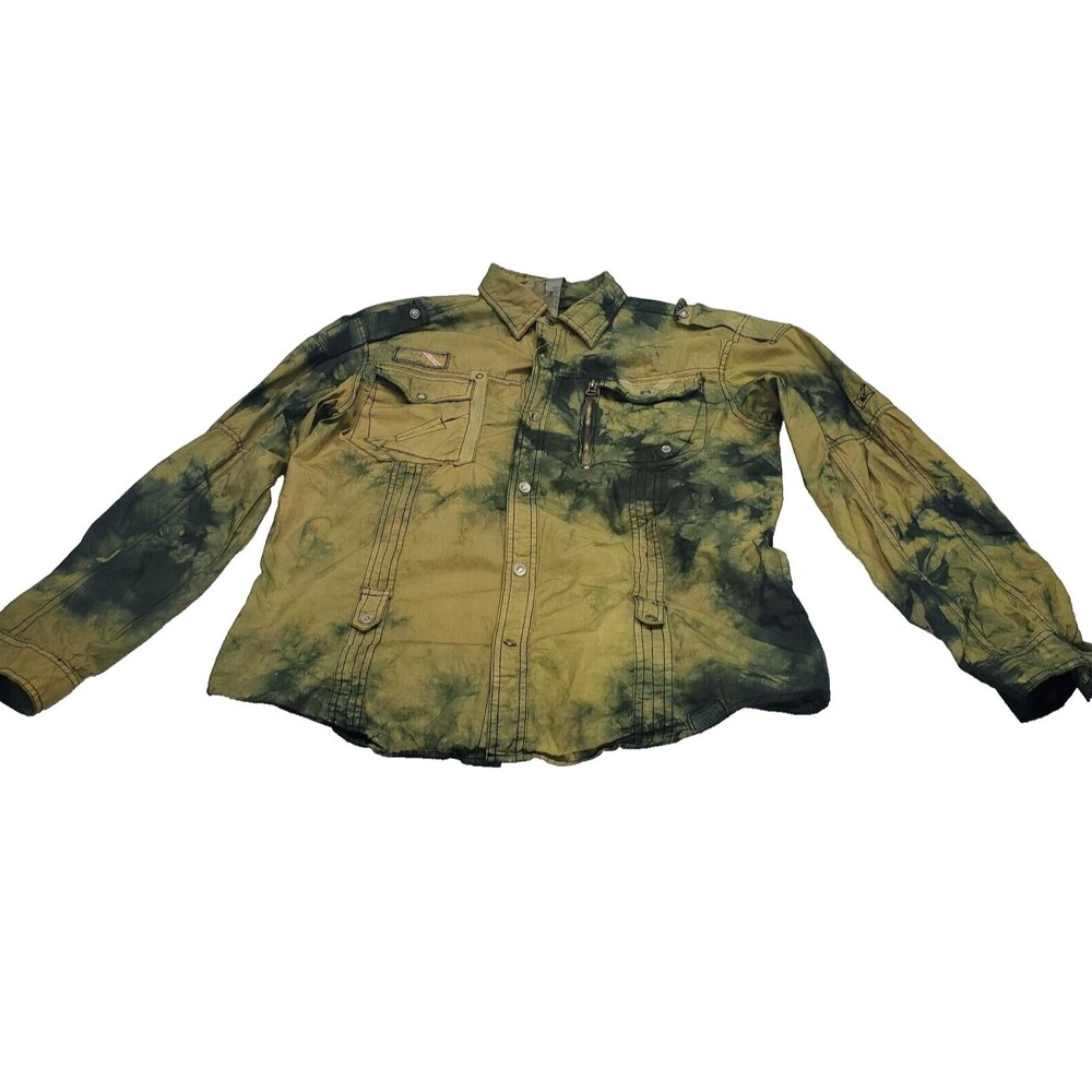 FUSAI Jeans Military Style Rollup LS Snap Button Shirt Pockets Men Size L 45"